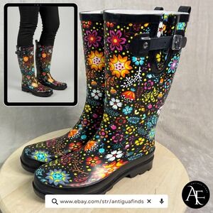 Western Chief Garden Play Black Floral Rain Boots Rubber Waterproof Womens 8